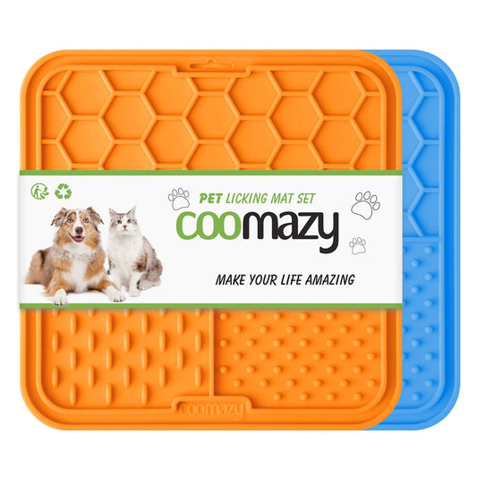Coomazy 2-Pack Lick Mat for Cat Puppy Slow Feeder & Non-Slip Design Boredom and Anxiety Reducer. Suitable for Yogurt, Peanut Butter and Liver Paste BPA-Free Non-Toxic (Blue/Orange)
